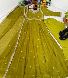 olive green embroidered faux georgette gown dupatta