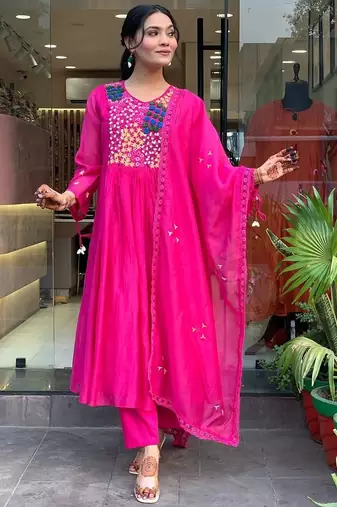 Floral embroidered pink v neck  cotton kurta set with trouser & dupatta