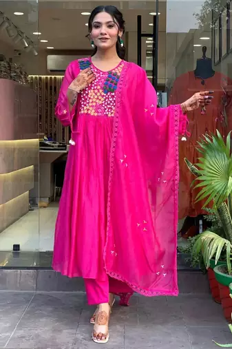 Floral embroidered pink v neck  cotton kurta set with trouser & dupatta