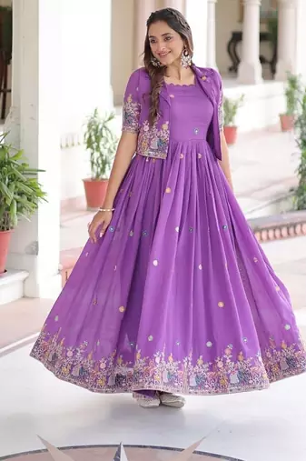 Purple vichitra silk embroidered gown with sequins and zari work, standard stitched koti outfit