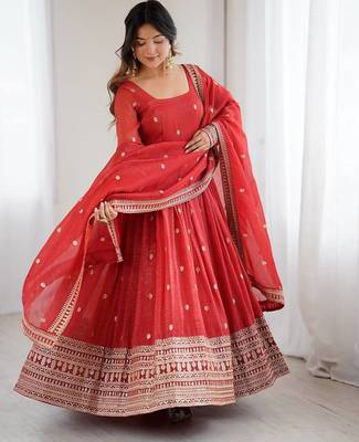 rust silk embroidered gown dupatta set 1
