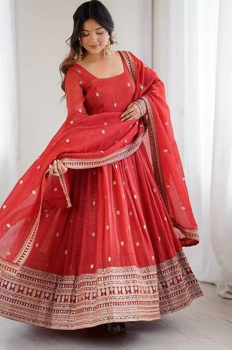 Rust crunchy silk anarkali with embroidery jari sequins work,churidar sleeve style, 3 mtr flair gown set category