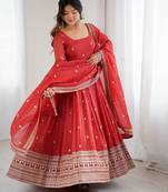 rust silk embroidered gown dupatta set