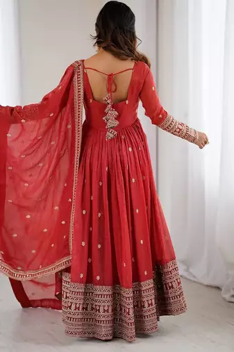 rust silk embroidered gown dupatta set