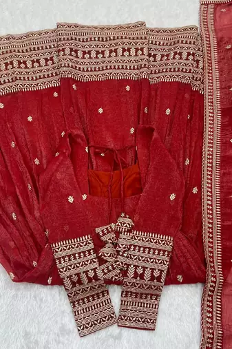 rust silk embroidered gown dupatta set