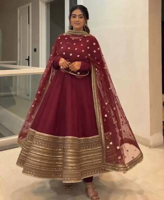 maroon silk embroidered gown dupatta set 1