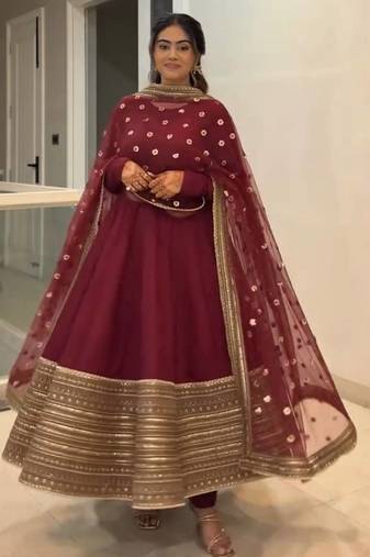 Maroon roman silk anarkali with codding sequence embroidery work,fully stitched gown style with bottom and dupatta