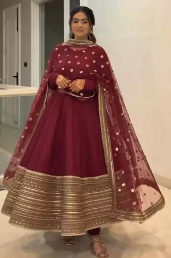 Maroon roman silk anarkali with codding sequence embroidery work,fully stitched gown style with bottom and dupatta
