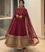 maroon silk embroidered gown dupatta set