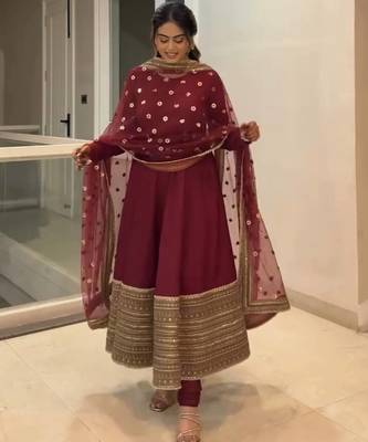 maroon silk embroidered gown dupatta set 2