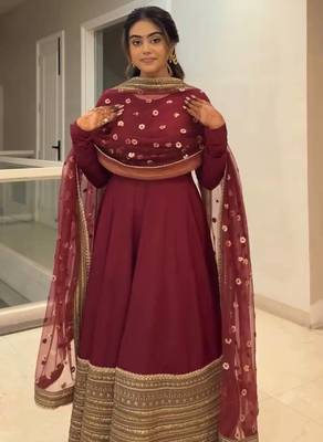 maroon silk embroidered gown dupatta set 3