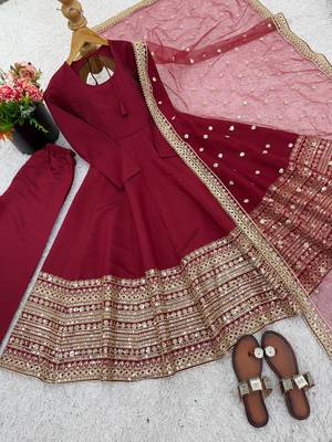 maroon silk embroidered gown dupatta set 5