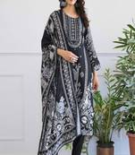 Black women floral printed crepe stitched straight kurta with trousers with dupatta