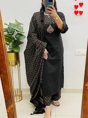 Floral embroidered black round neck  cotton kurta set with trouser & dupatta 1