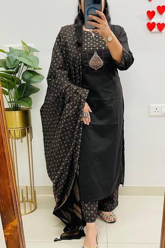 Floral embroidered black round neck pure cotton kurta set with trouser & dupatta