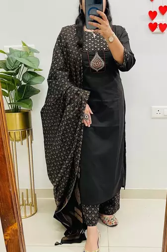 Floral embroidered black round neck pure cotton kurta set with trouser & dupatta