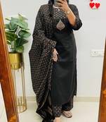 Floral embroidered black round neck pure cotton kurta set with trouser & dupatta