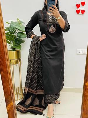 Floral embroidered black round neck  cotton kurta set with trouser & dupatta 2