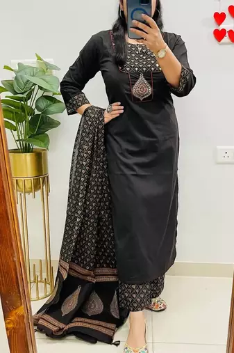 Floral embroidered black round neck  cotton kurta set with trouser & dupatta