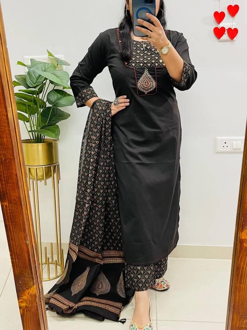 Floral embroidered black round neck pure cotton kurta set with trouser & dupatta