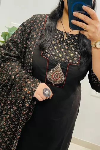 Floral embroidered black round neck  cotton kurta set with trouser & dupatta