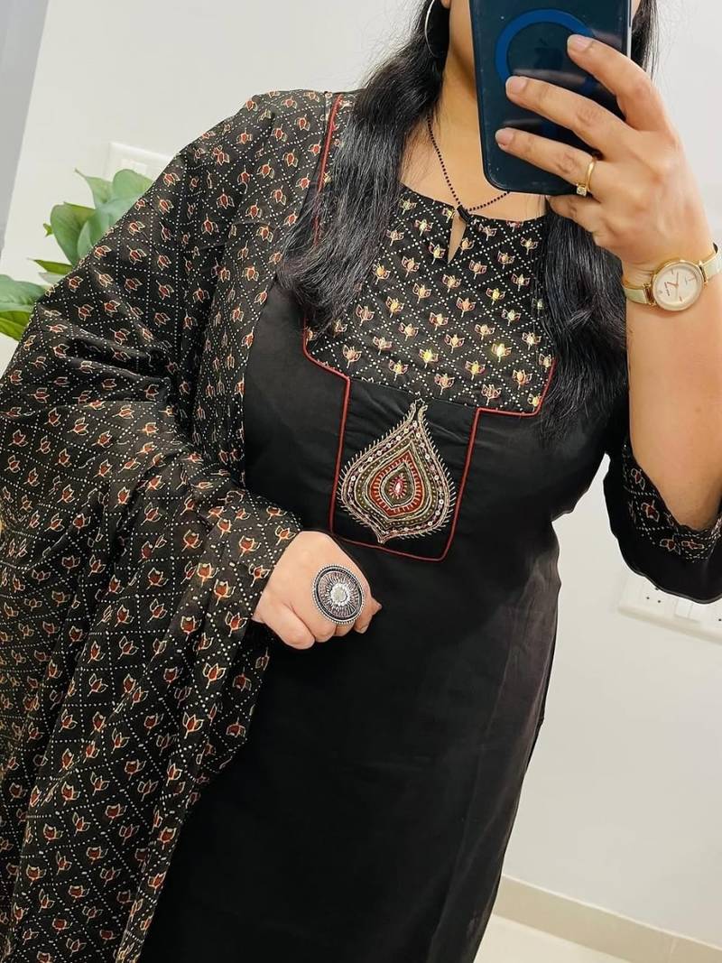 Floral embroidered black round neck pure cotton kurta set with trouser & dupatta