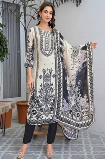 White-black crepe floral printed straight kurta with trounser & dupatta