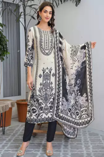 White-black crepe floral printed straight kurta with trounser & dupatta