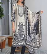 White-black crepe floral printed straight kurta with trounser & dupatta