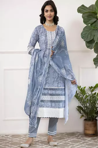 Blue-white women floral printed thread work cotton blend straight kurta with trousers with dupatta