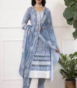 Blue-white women floral printed thread work cotton blend straight kurta with trousers with dupatta