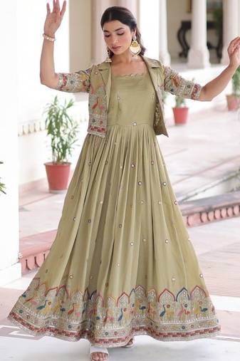 Perrot color vichitra silk embroidered gown with sequins zari work, standard stitch partywear koti set