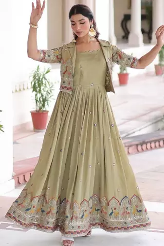 Perrot color vichitra silk embroidered gown with sequins zari work, standard stitch partywear koti set