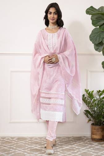 Pink-white women floral printed thread work cotton blend straight kurta with trousers with dupatta