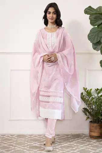Pink-white women floral printed thread work cotton blend straight kurta with trousers with dupatta