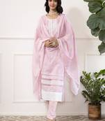 Pink-white women floral printed thread work cotton blend straight kurta with trousers with dupatta