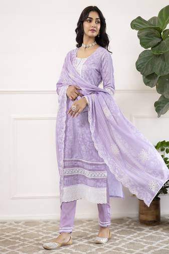 Lavender-white women floral printed thread work cotton blend straight kurta with trousers with dupatta