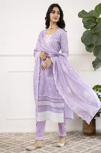 Lavender-white women floral printed thread work cotton blend straight kurta with trousers with dupatta