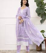 Lavender-white women floral printed thread work cotton blend straight kurta with trousers with dupatta