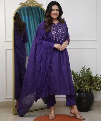 Floral embroidered blue round neck  cotton kurta set with trouser & dupatta 1