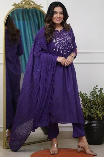 Floral embroidered blue round neck pure cotton kurta set with trouser & dupatta