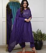 Floral embroidered blue round neck pure cotton kurta set with trouser & dupatta