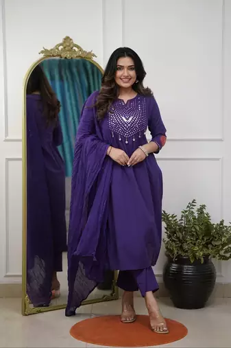 Floral embroidered blue round neck  cotton kurta set with trouser & dupatta