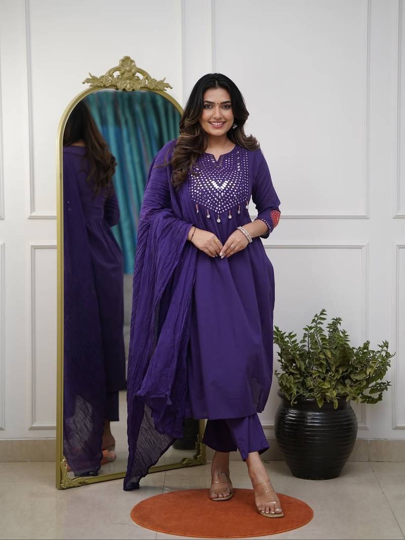 Floral embroidered blue round neck pure cotton kurta set with trouser & dupatta