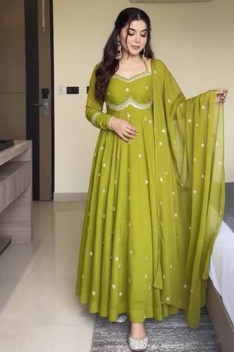 Olive green georgette anarkali with rembo sequence embroidery work,fully stitched gown style with bottom and dupatta