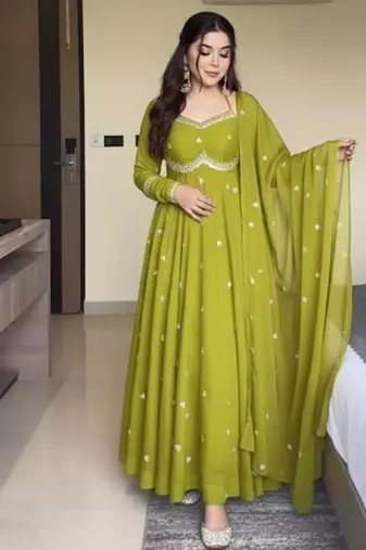 Olive green georgette anarkali with rembo sequence embroidery work,fully stitched gown style with bottom and dupatta