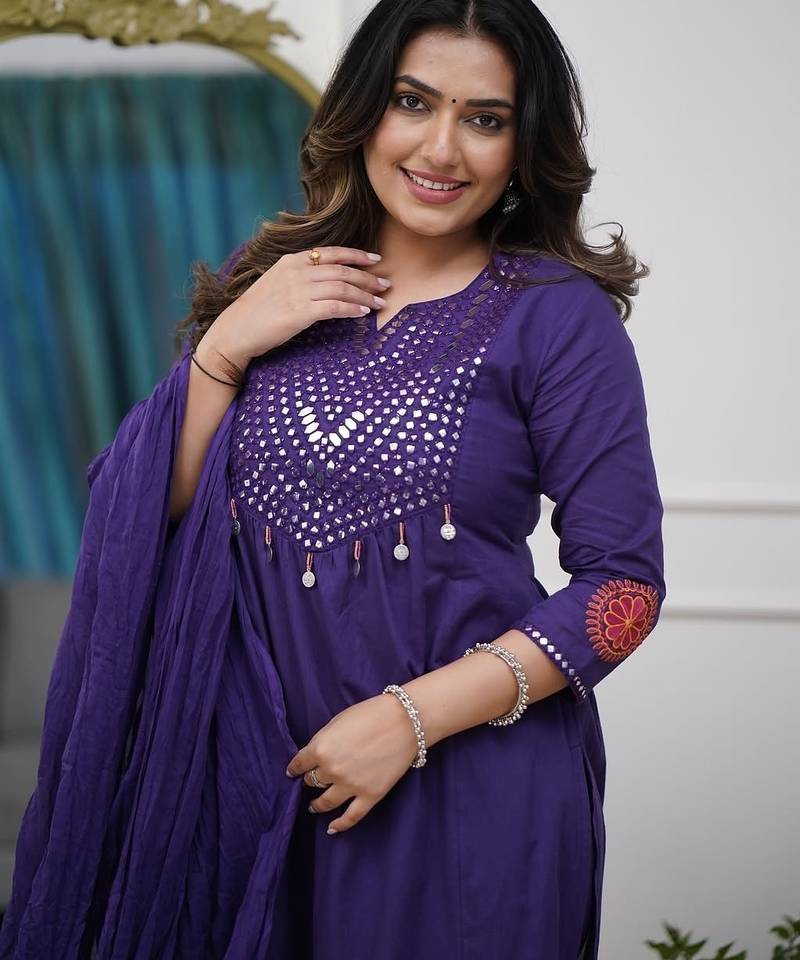 Floral embroidered blue round neck pure cotton kurta set with trouser & dupatta