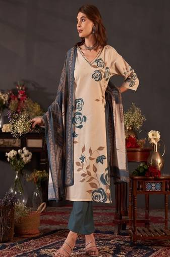 Blue women floral printed thread work pure cotton straight kurta with trousers dupatta