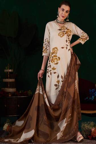 Brown women floral printed thread work pure cotton straight kurta with trousers dupatta