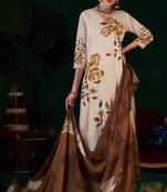 Brown women floral printed thread work pure cotton straight kurta with trousers dupatta